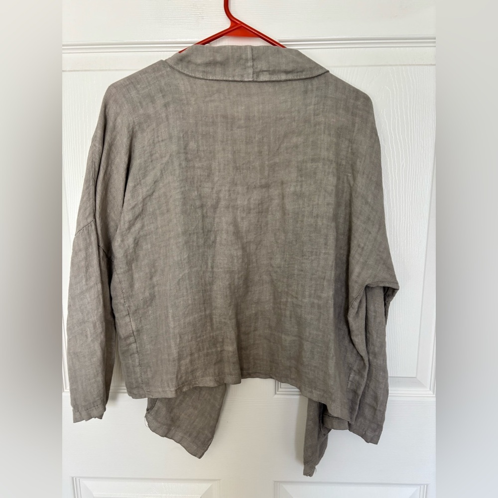 Meo Mali Light Olive Green/Gray Linen 3/4 Sleeve Open Cardigan - Picture 7 of 7